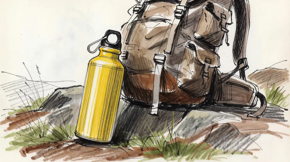 Bottle and backpack on a trail