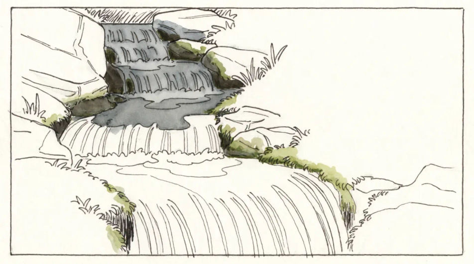 Terraced falls in ink and wash
