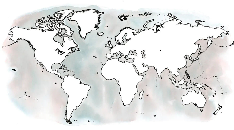 Continents in loose ink and wash