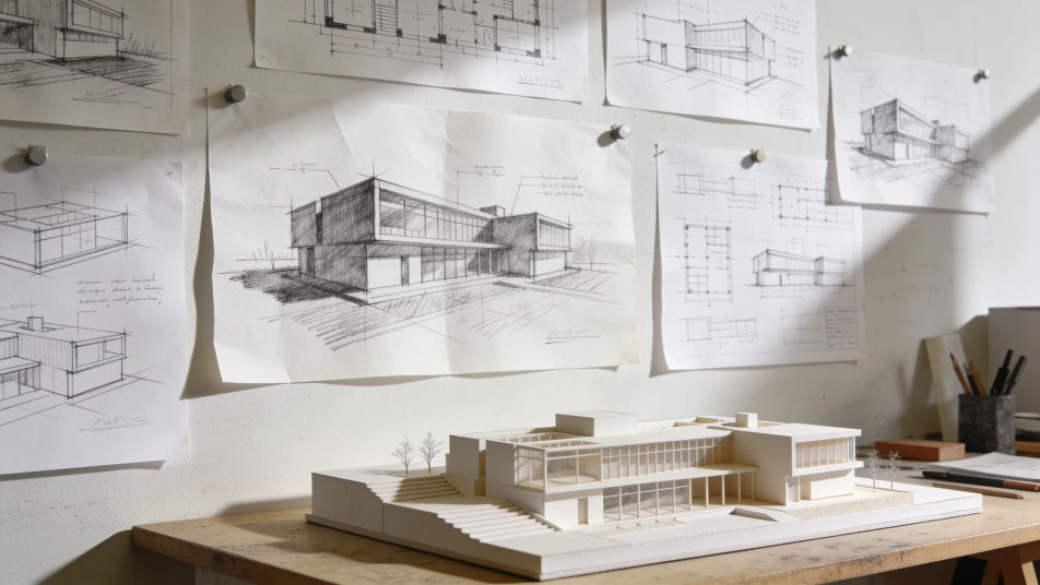 Studio wall of drawings