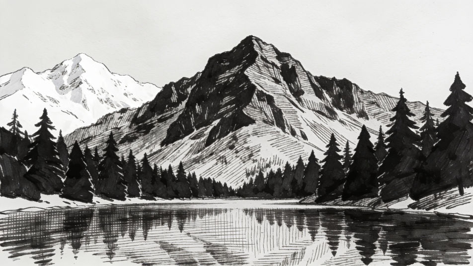 Mountain lake in ink