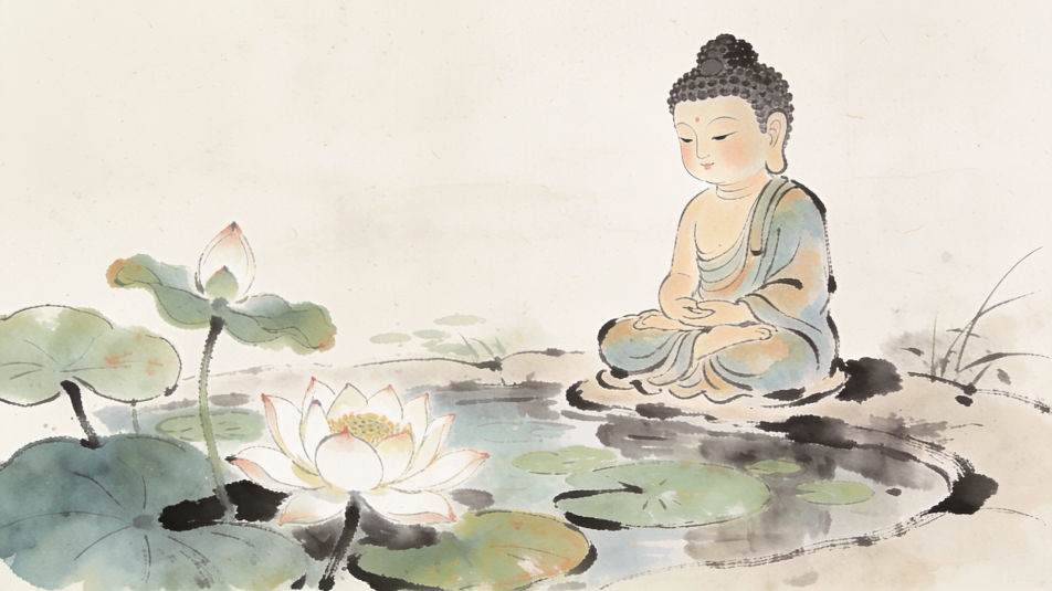 Lotus pond with a seated figure