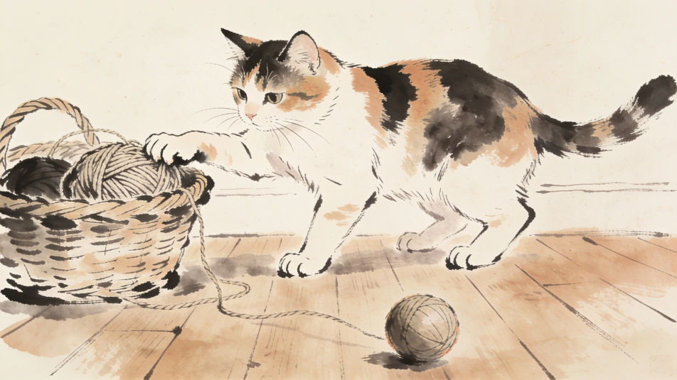 Calico cat and yarn basket