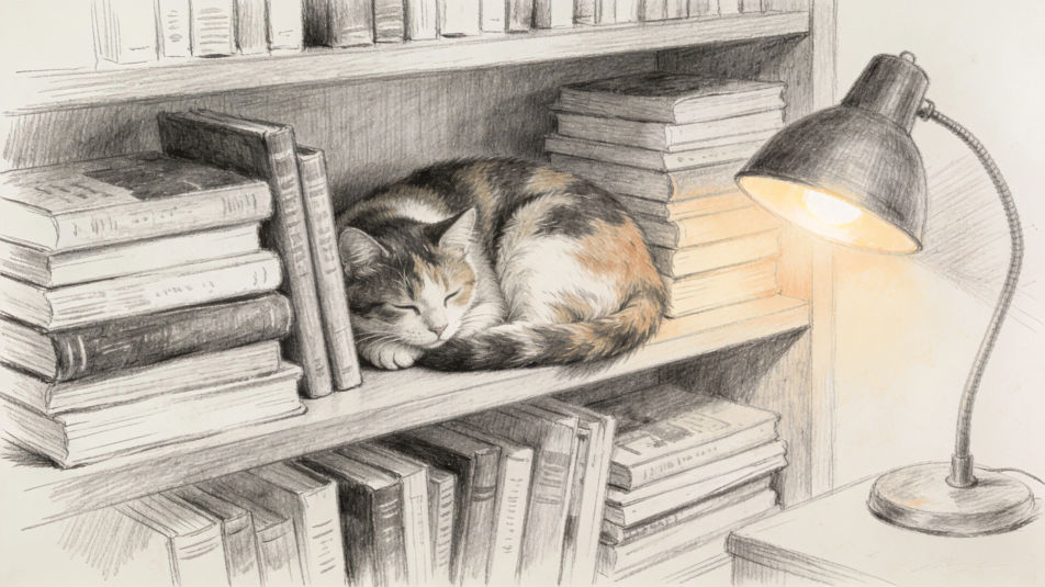 Calico cat on a bookshelf