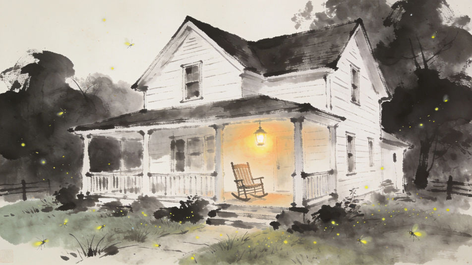 Farmhouse porch at dusk