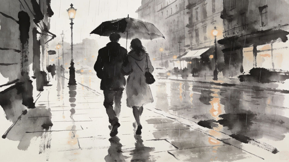 Rainy street with an umbrella
