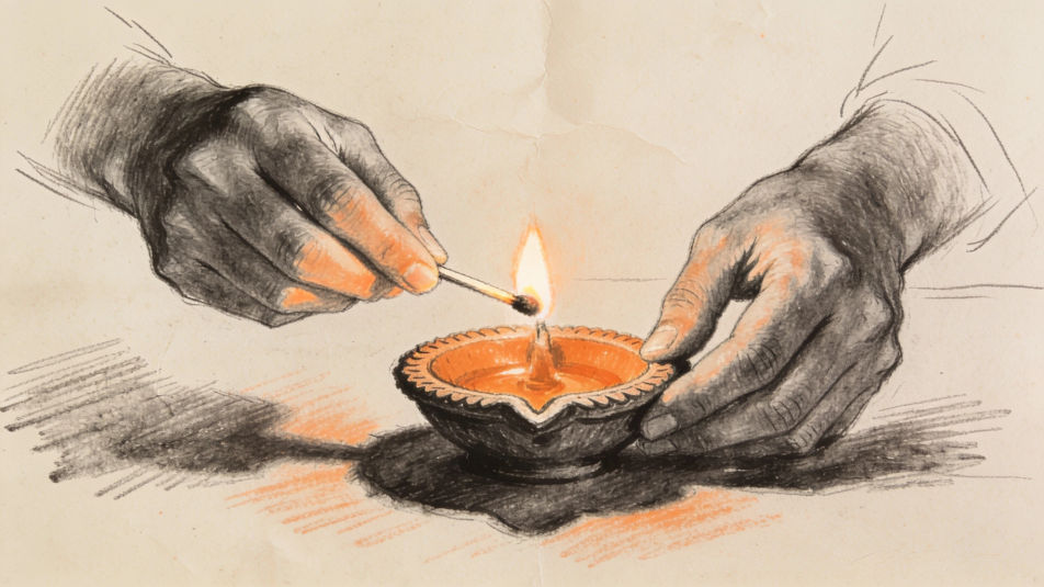 Hands lighting a diya