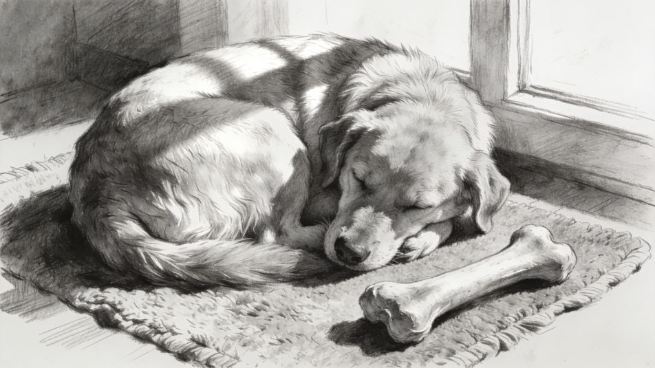 Dog asleep beside a bone