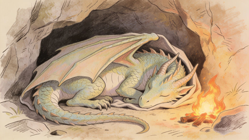 Sleeping dragon wrapped in wings