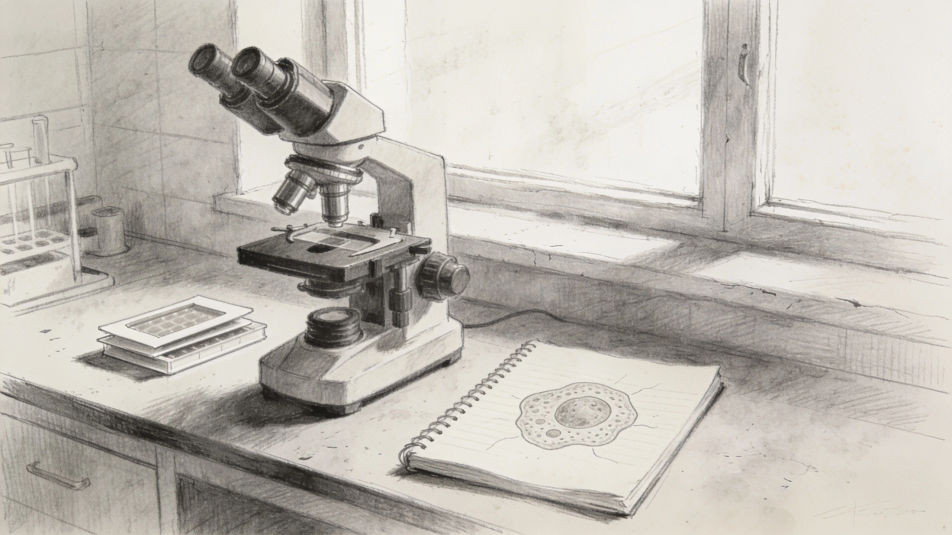 Lab bench with microscope