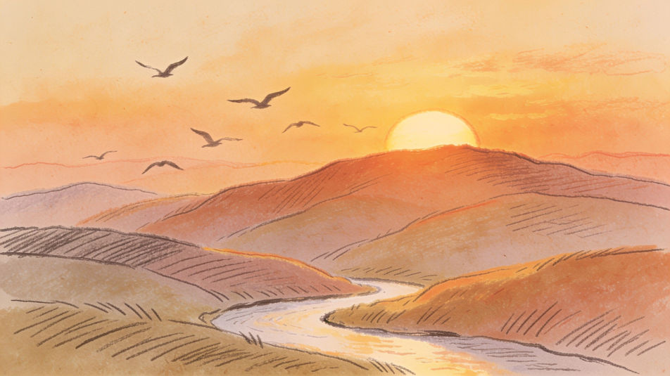 Birds over the hills at sunset