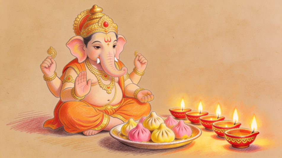 Ganesh with modaks and diyas