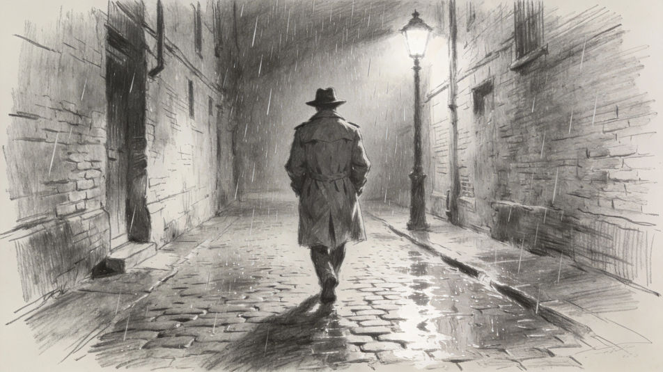 Rainy alley under a streetlamp