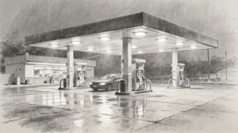 Forecourt in the rain