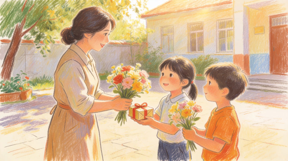 Offering flowers to a teacher