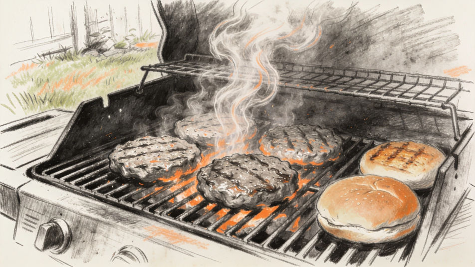 Grill with patties