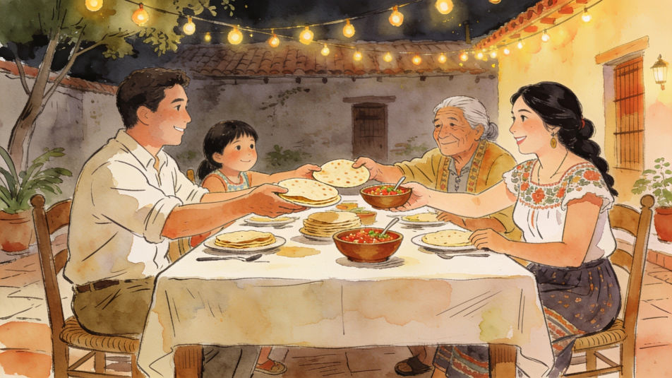 Family meal at the long table