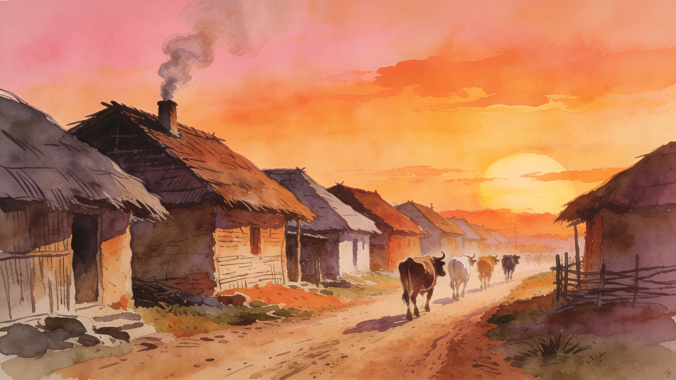 Village huts at sunset