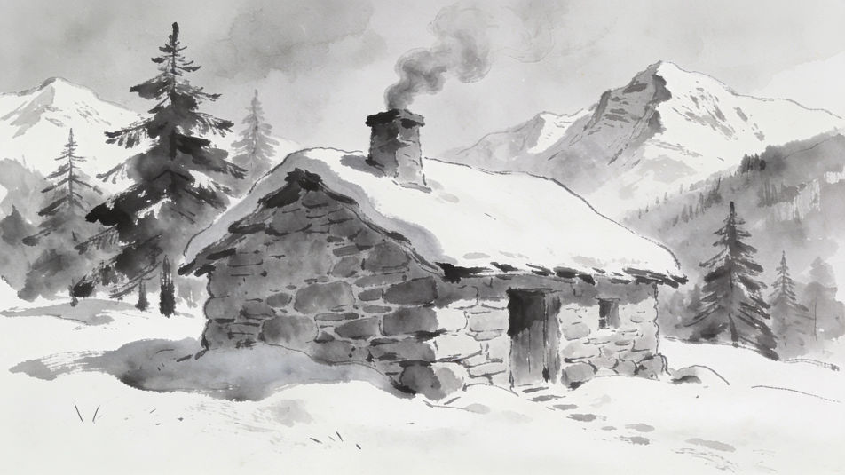 Snowy mountain hut
