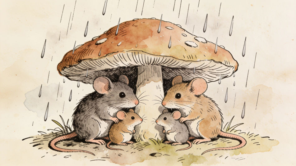 Mouse family under a mushroom