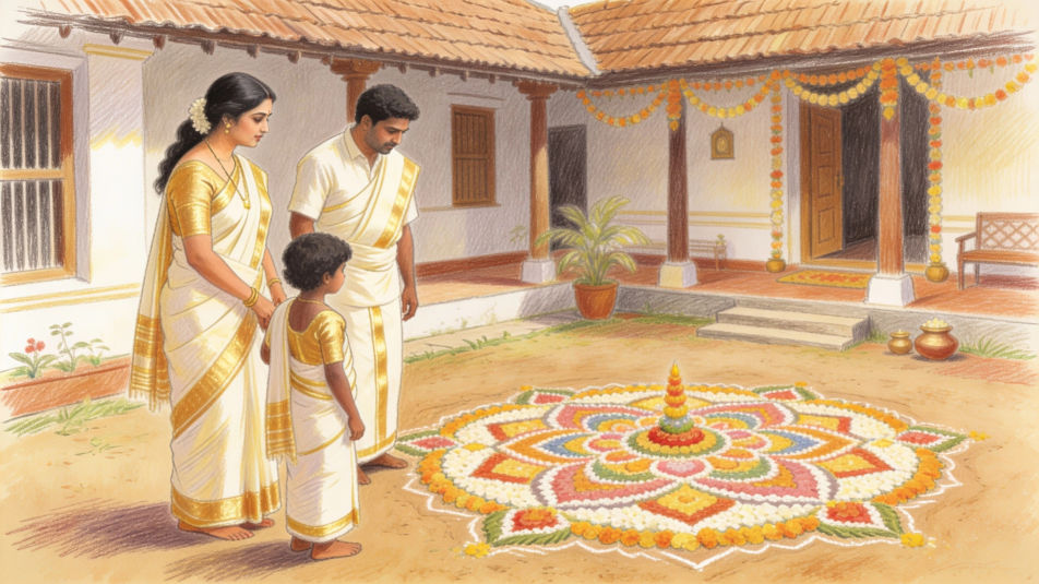 Family in front of the pookalam