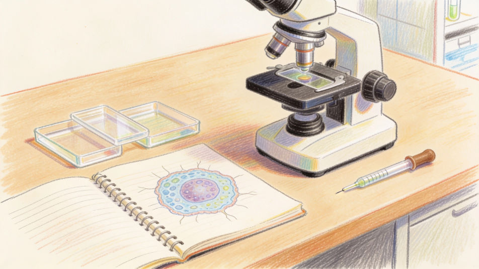 Lab desk with microscope