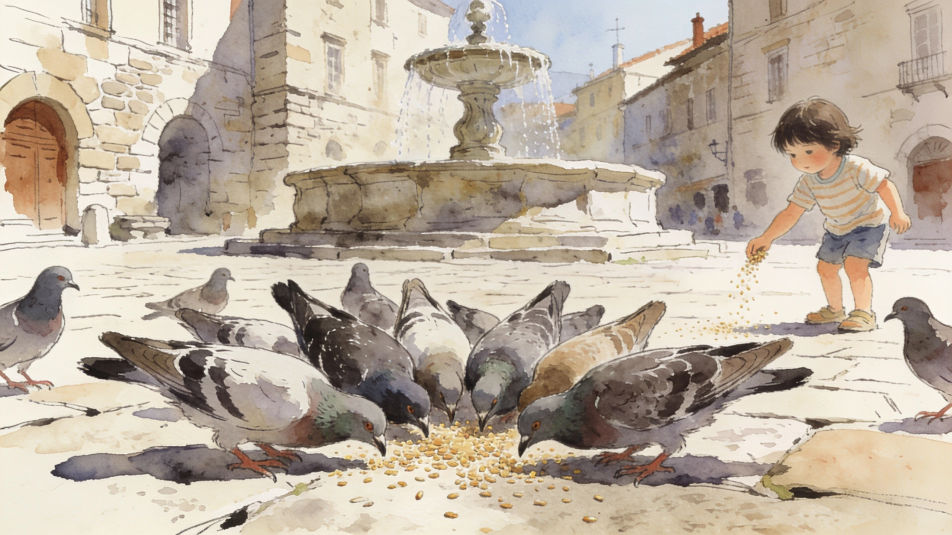 Pigeons in a town square