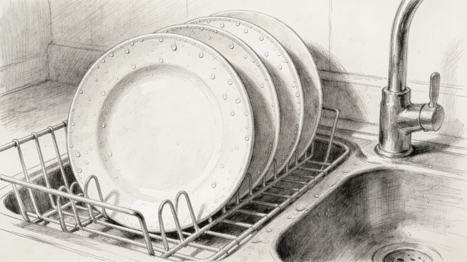 Dishes drying on a rack