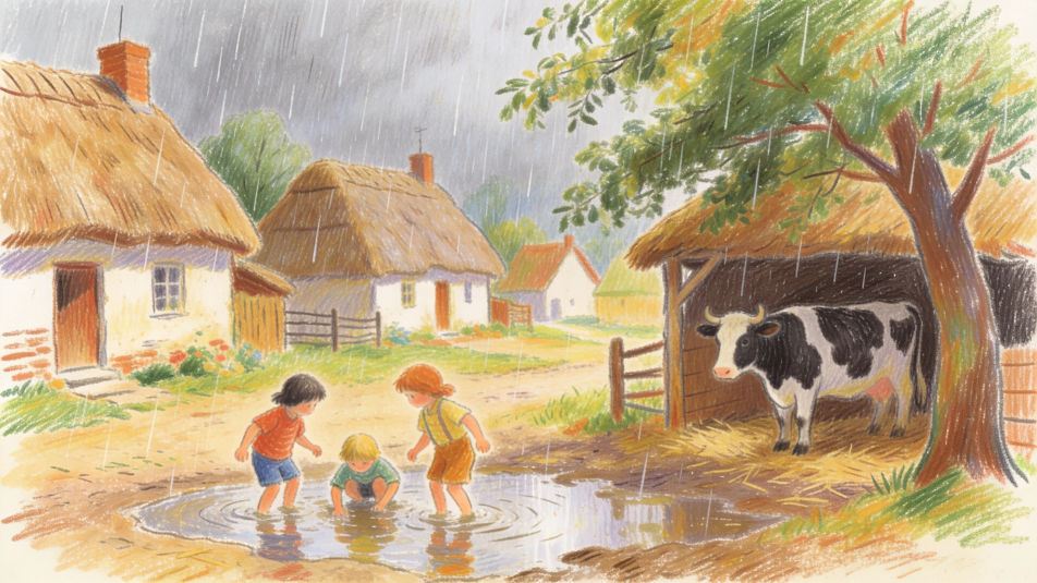 Village in the rain