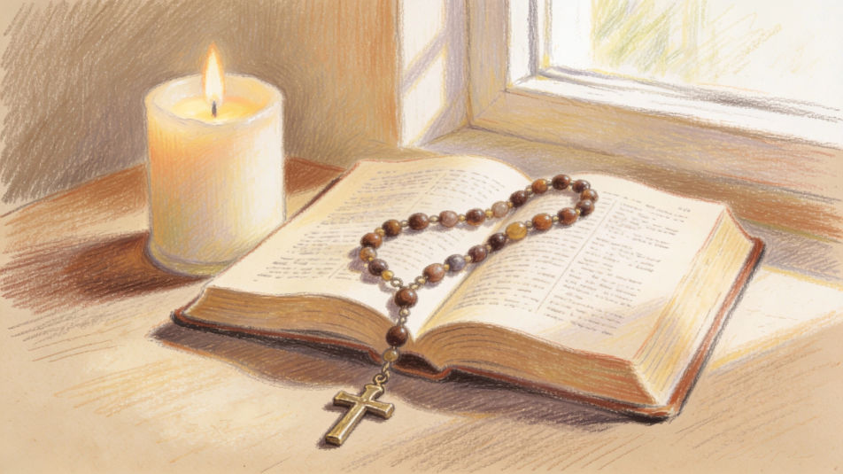 Rosary on an open Bible
