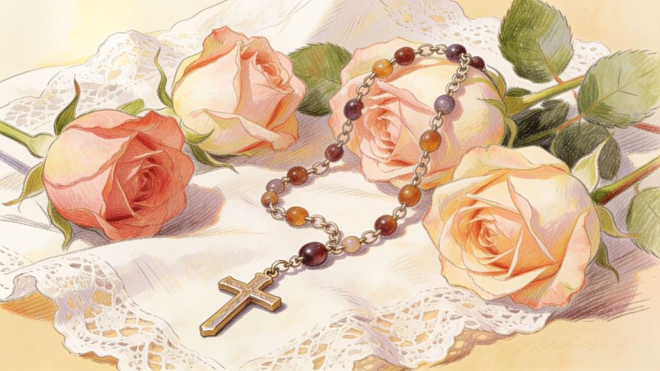 Rosary and flowers still life