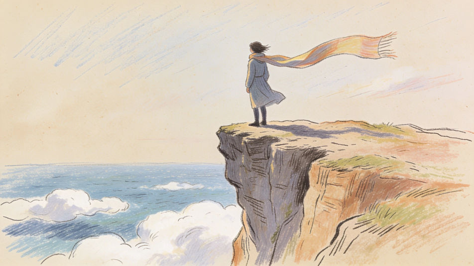 Wind blown scarf on a cliff