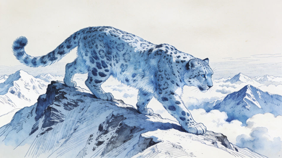 Snow leopard on a mountain ridge