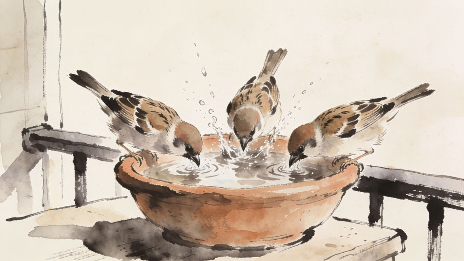 Sparrows at a water bowl