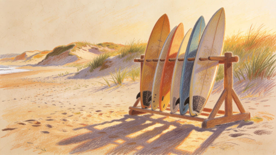 Boards on a beach rack