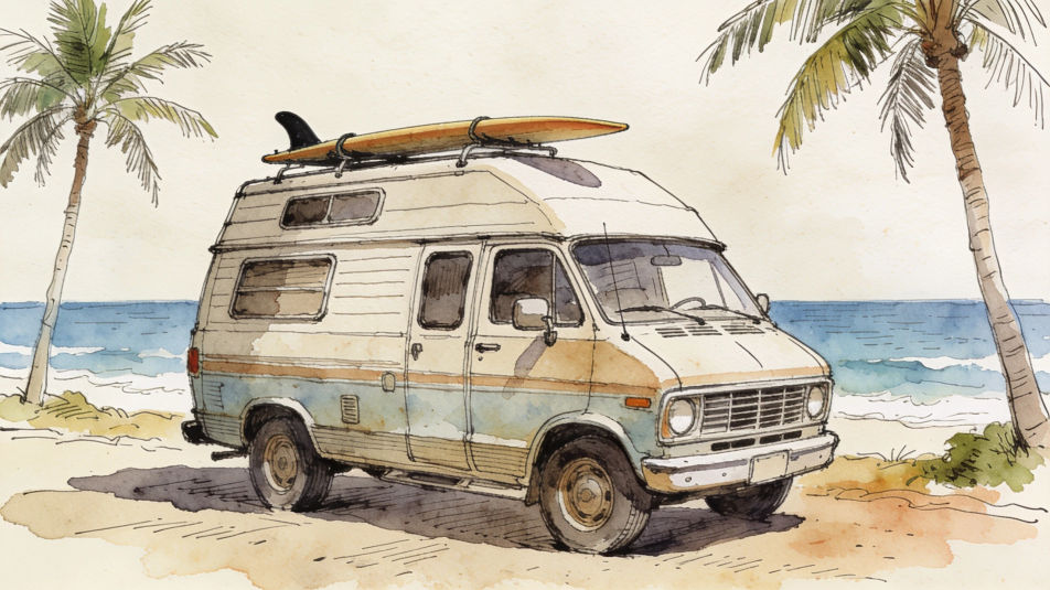 Van with a board on the roof