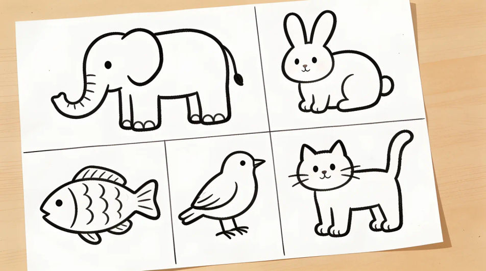 Sheet of easy animal drawings