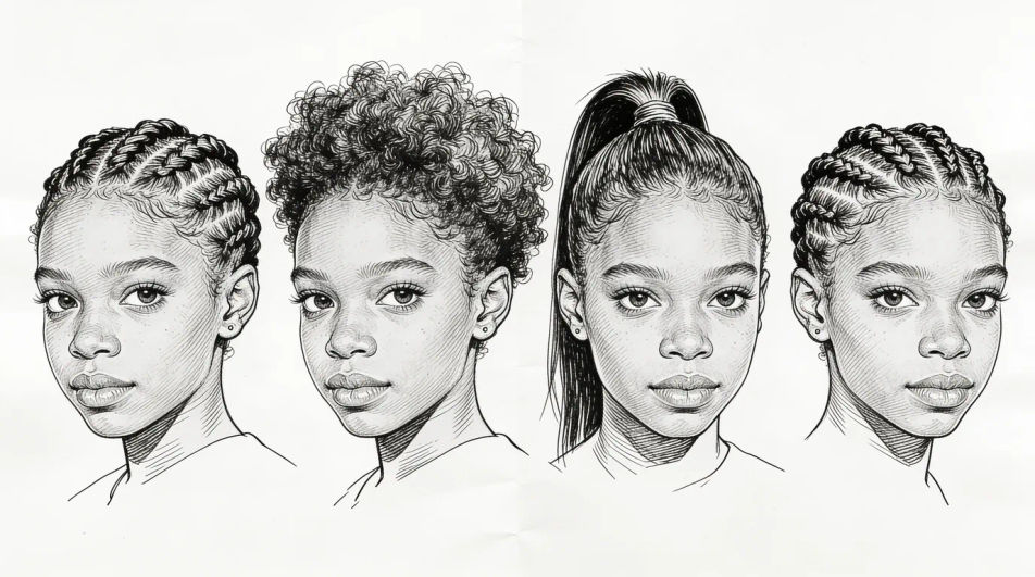 Four hairstyles across one page