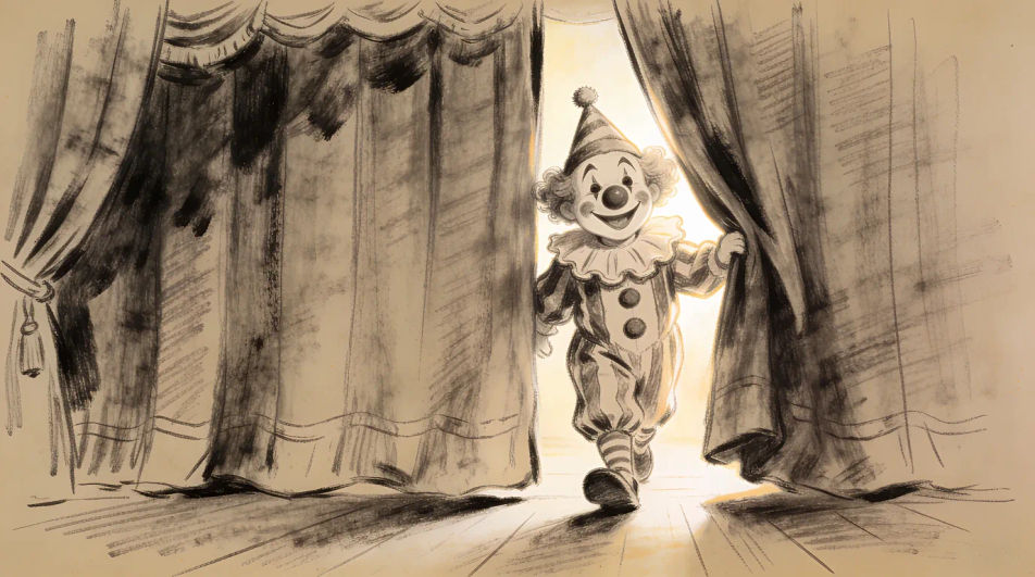 Clown behind a curtain gap