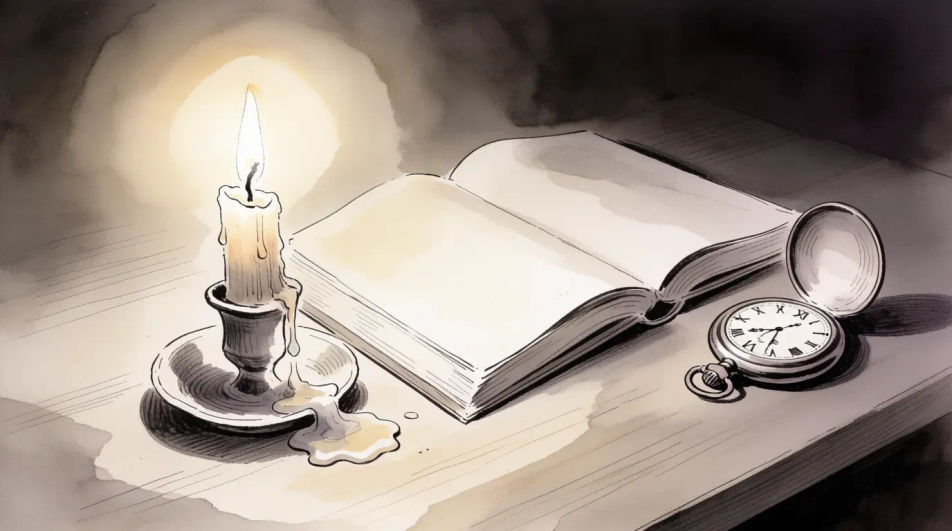 Candle burning down on a desk