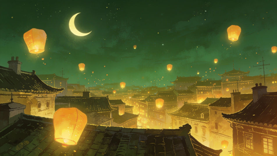 Lanterns over rooftops