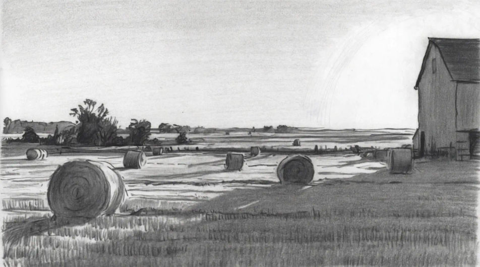 Barn and hay bales at dusk
