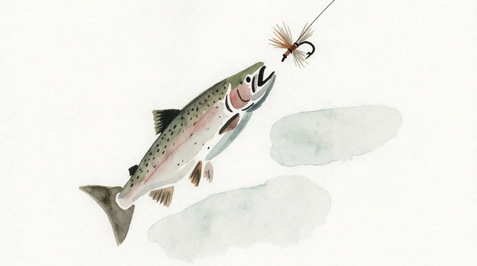 Fly and fish in watercolour