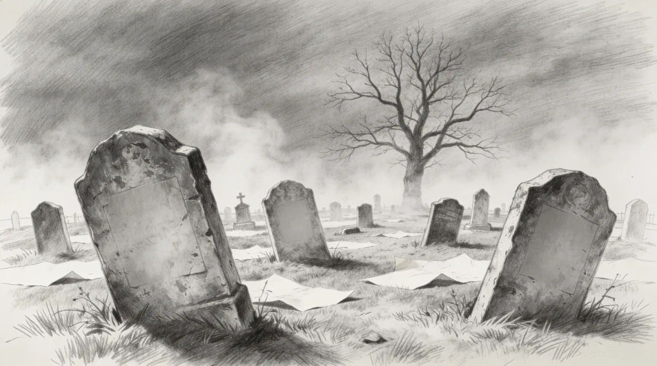 Graveyard under a thin moon