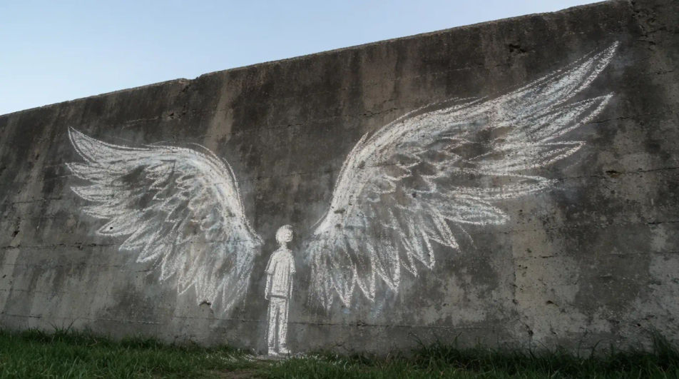 Wings on a stone wall