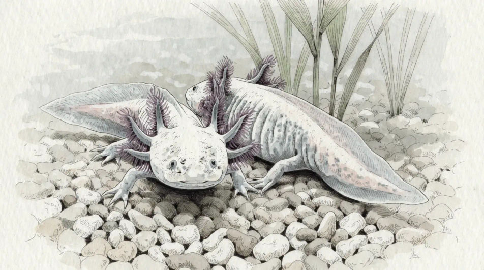 Two axolotls on a tank floor