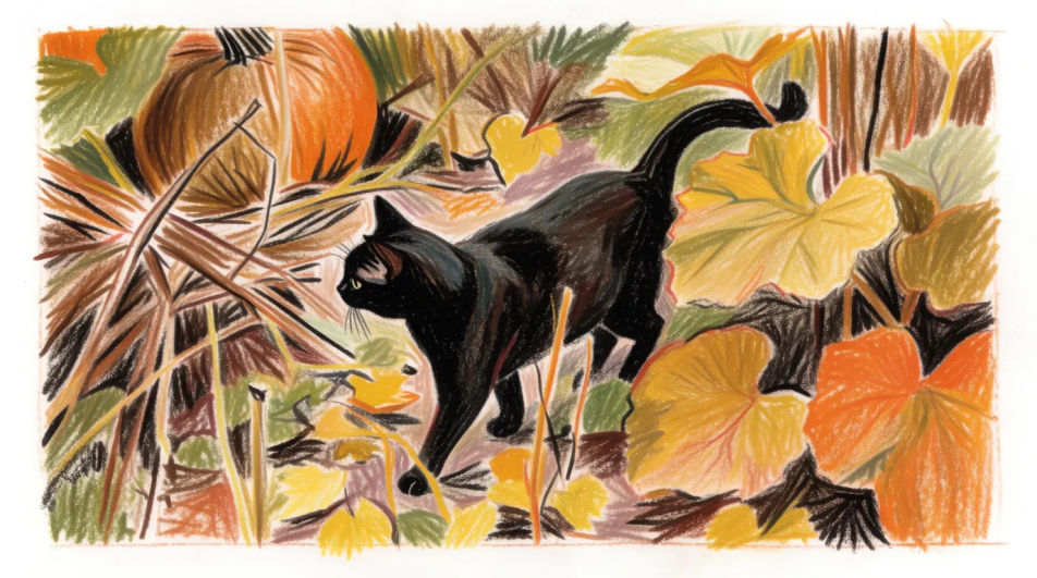 Cat among autumn pumpkins