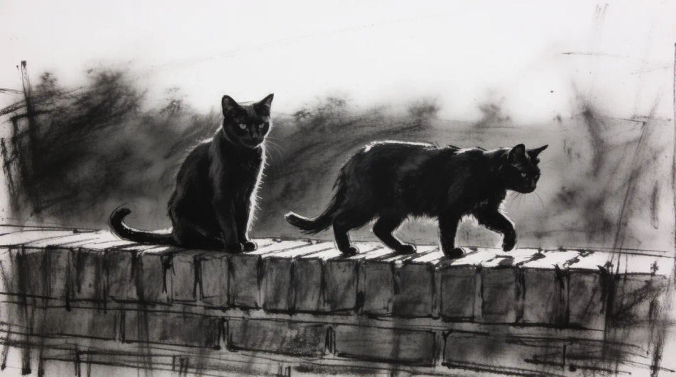 Two cats on a garden wall