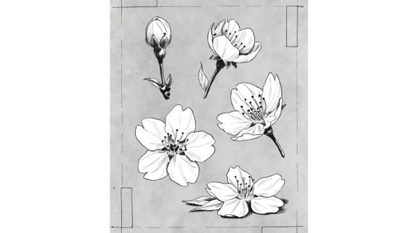 Cherry blossom drawings from single bloom to full branch