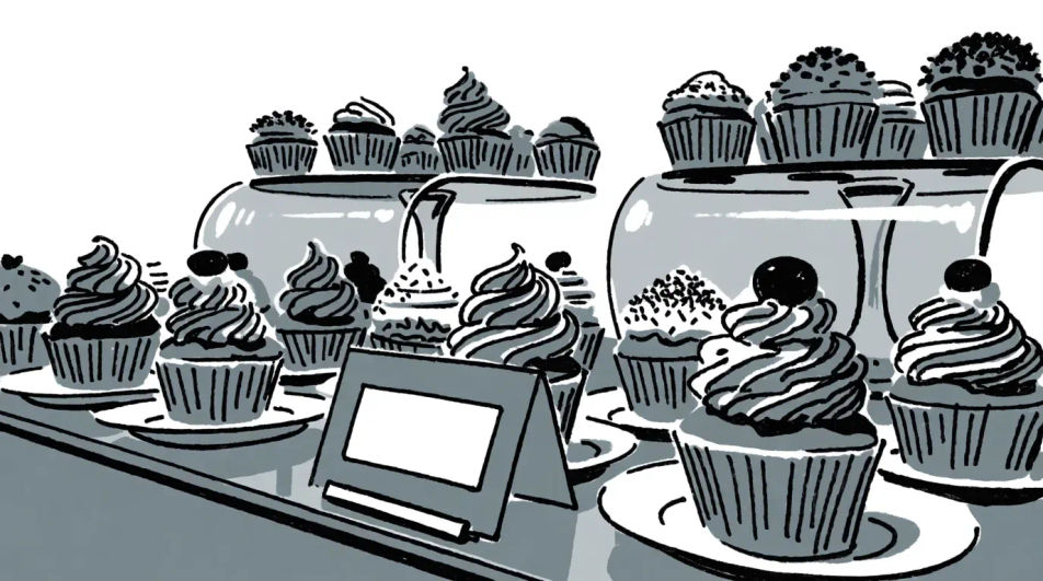 Bakery counter in ink and wash